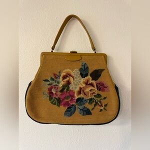 Vintage Needle Point Floral Hand Bag, Carpet Bag